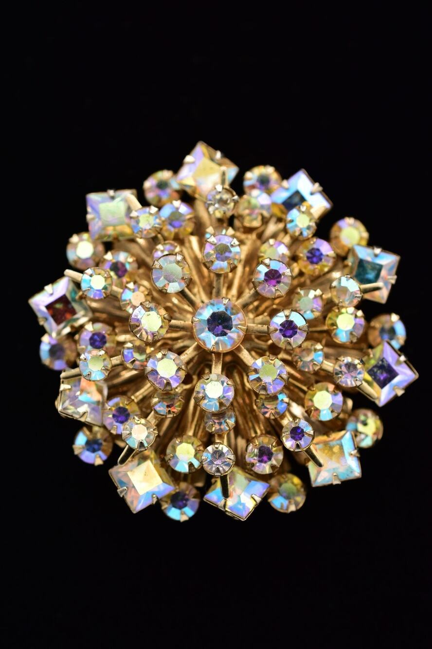 Vintage Crystal Starburst Flower Pin Brooch Aurora Borealis Rhinestone 60s BinBI